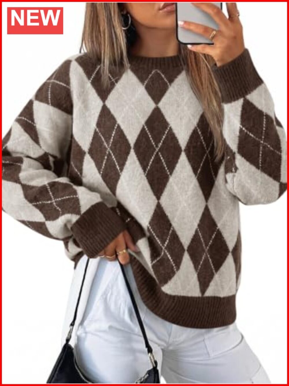 Argyle Plaid Oversized Pullover Sweater Lightweight Knit Long Sleeve Tunic